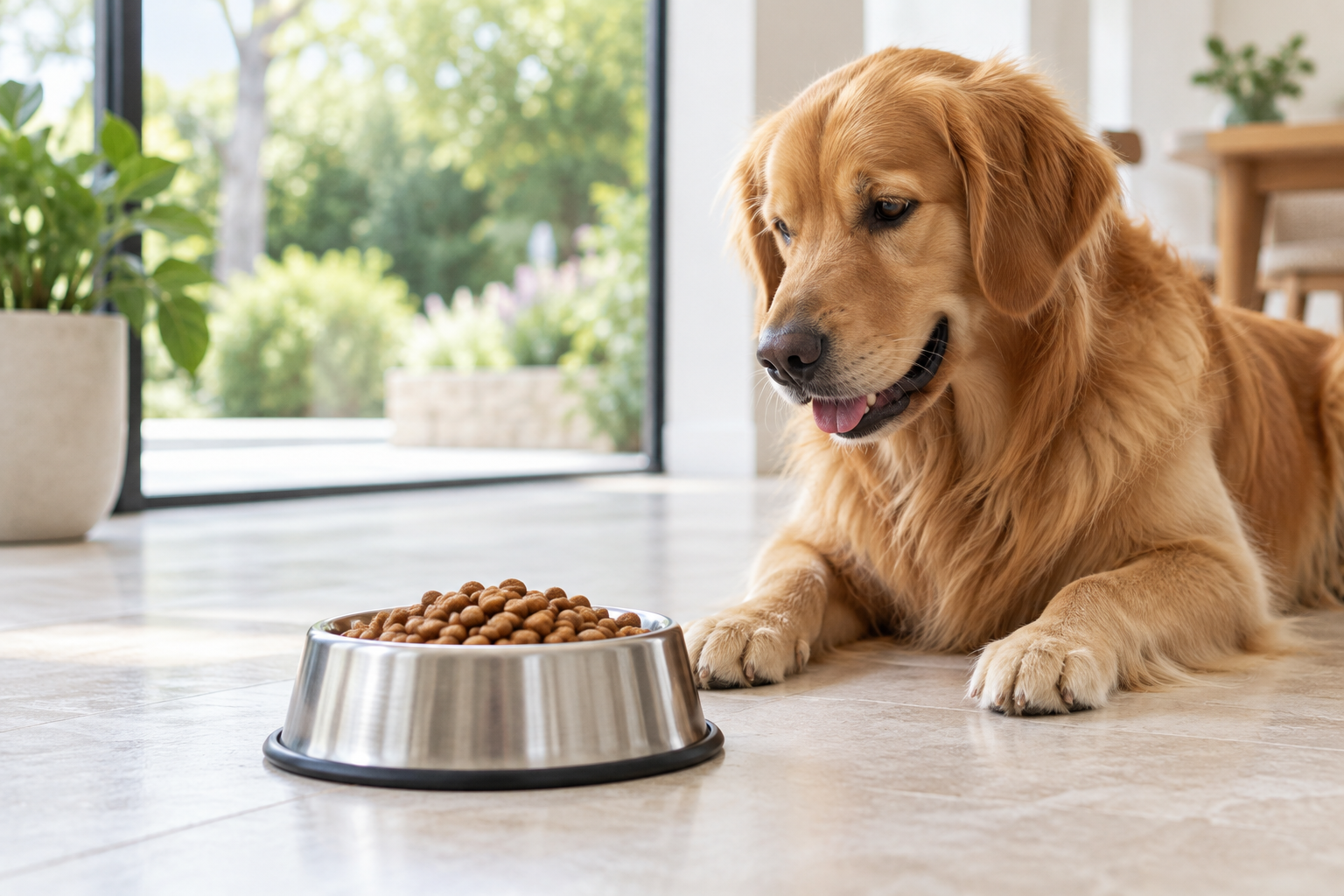 Cão diante de uma tigela com alimento